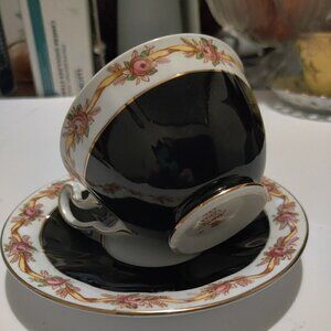 Adderley Teacup Made in England, Black With Ribbon of Florals & Gold, Excellent
